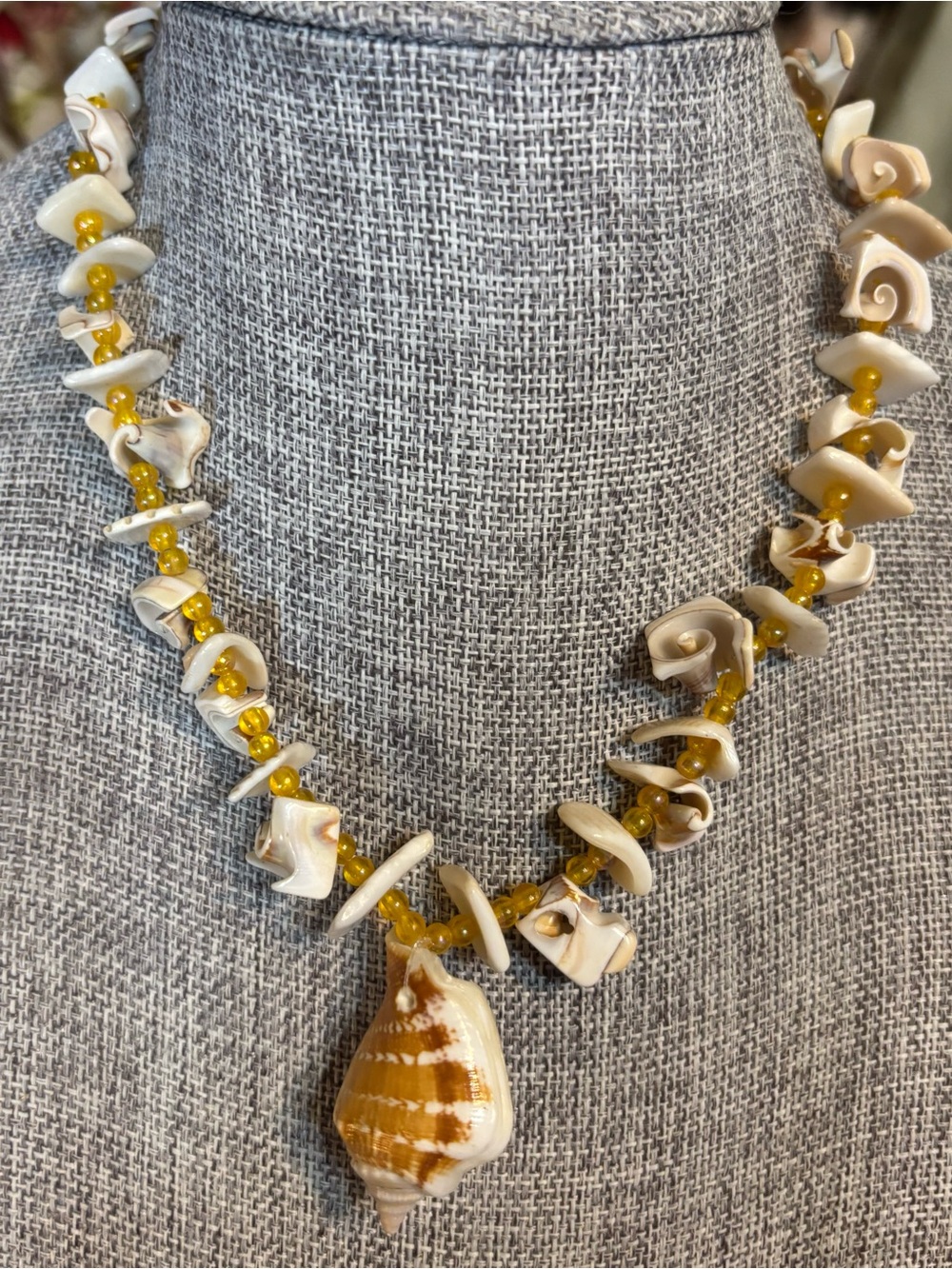 Shell Pendant Necklace with Yellow Beads - Natural Shells